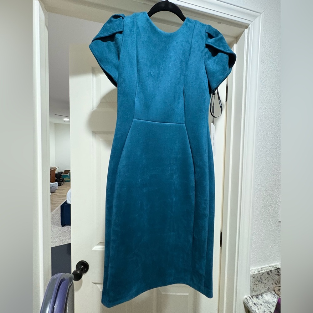 Calvin Klein teal suede dress with tulip sleeve. Size 2. NWT. smoke free home.